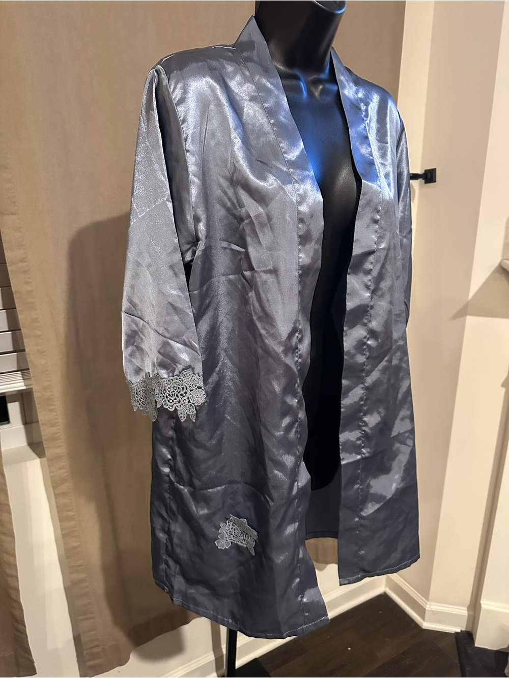 Silky Lace-Trim Women's Robe - Silver Gray PRICE AS IS.